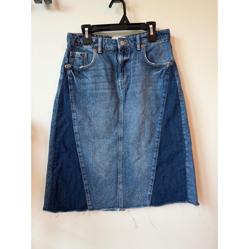 Zara Kids Girls Blue Two Tone Paneled Denim Midi Skirt Raw Hem Size 13-14 164